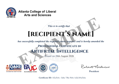 Professional Certificate in Artificial Intelligence — sample ACLAS certificate of completion