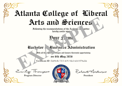 Bachelor of Business Administration — sample degree certificate issued by ACLAS