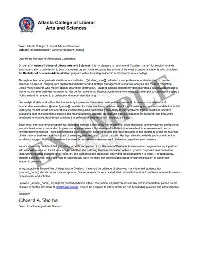 Bachelor of Business Administration — sample letter of recommendation issued alongside an ACLAS award