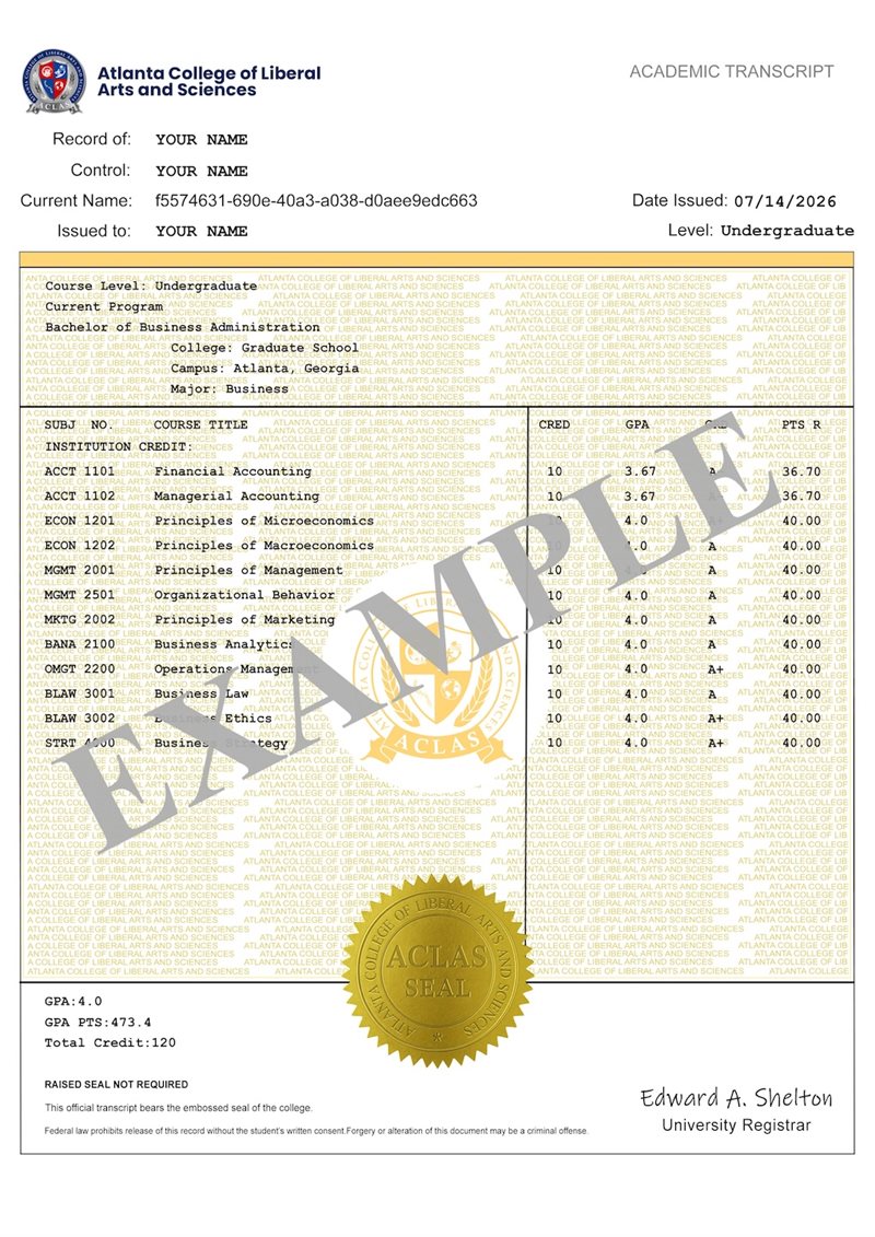 Bachelor of Business Administration — sample ACLAS academic transcript showing completed courses and grades