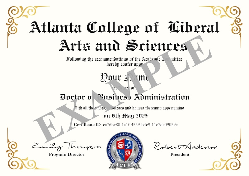 Doctor of Business Administration — sample degree certificate issued by ACLAS