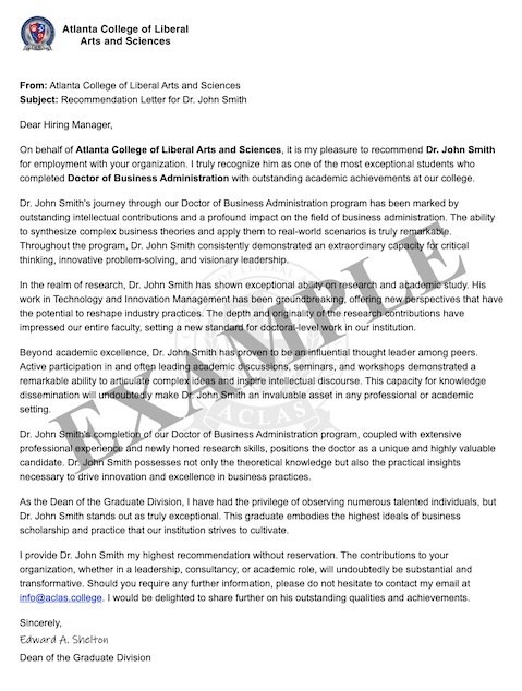 Doctor of Business Administration — sample letter of recommendation issued alongside an ACLAS award
