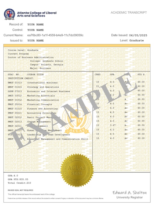 Doctor of Business Administration — sample ACLAS academic transcript showing completed courses and grades