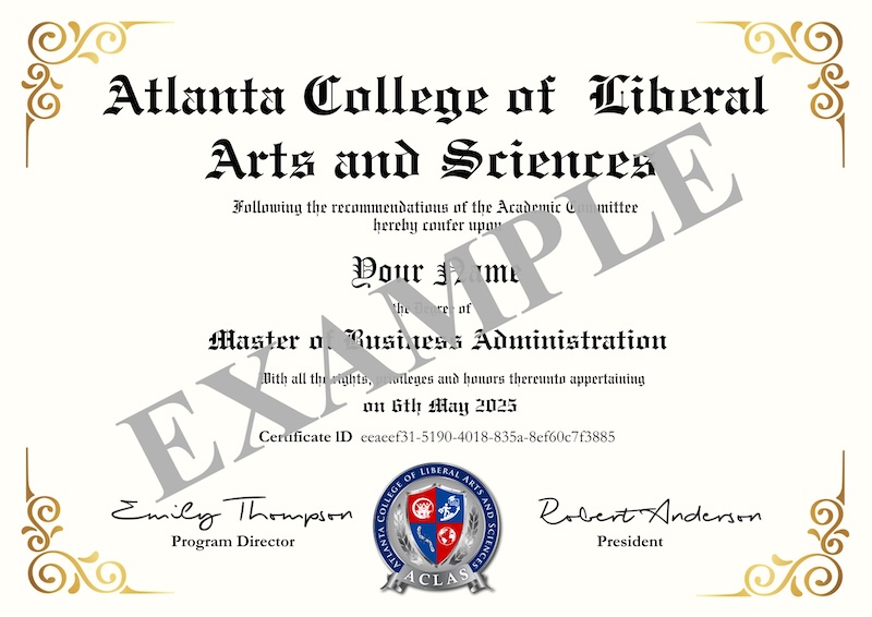 Sample ACLAS degree certificate showing the award name, graduate name and certificate ID