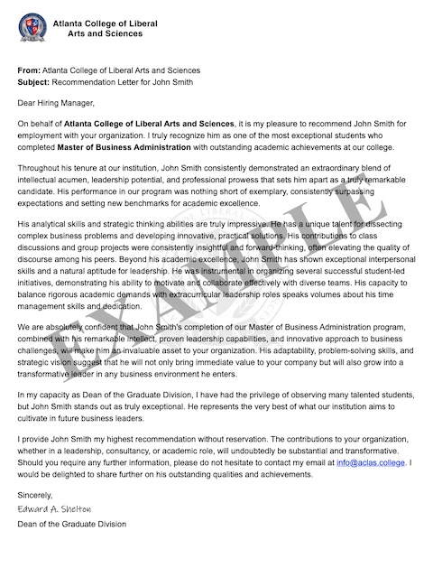 Sample letter of recommendation issued by ACLAS alongside a degree award