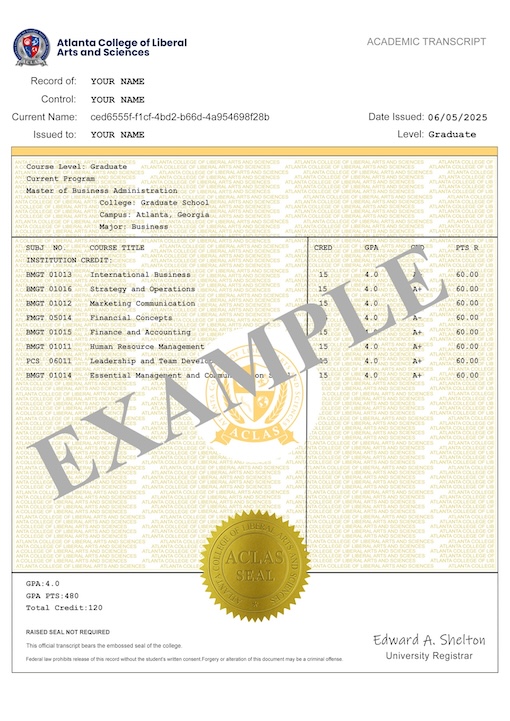 Sample ACLAS academic transcript listing completed courses, grades and credit hours