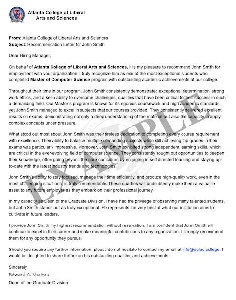 Master of Computer Science — sample letter of recommendation issued alongside an ACLAS award
