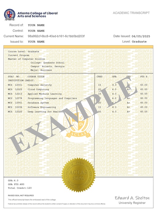 Master of Computer Science — sample ACLAS academic transcript showing completed courses and grades
