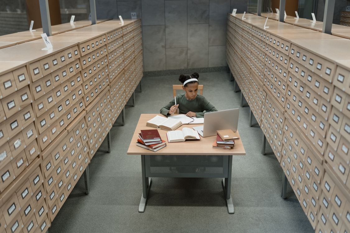 University library shelves full of research books